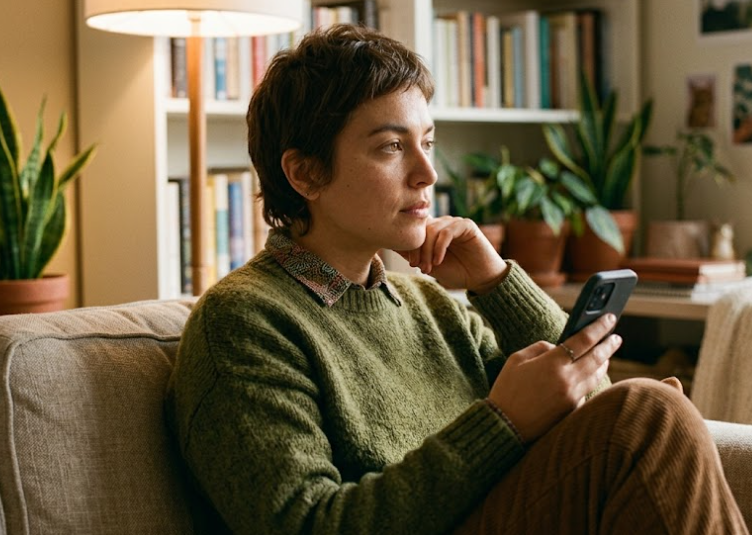 LGBTQIA+ adult looking thoughtfully at their phone, representing learned protective patterns and relationship anxiety.