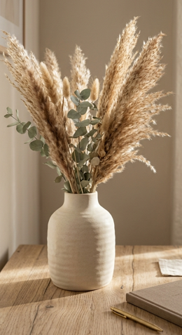 Neutral-toned vase with pampas grass on a wooden table, creating a calm and grounded atmosphere.