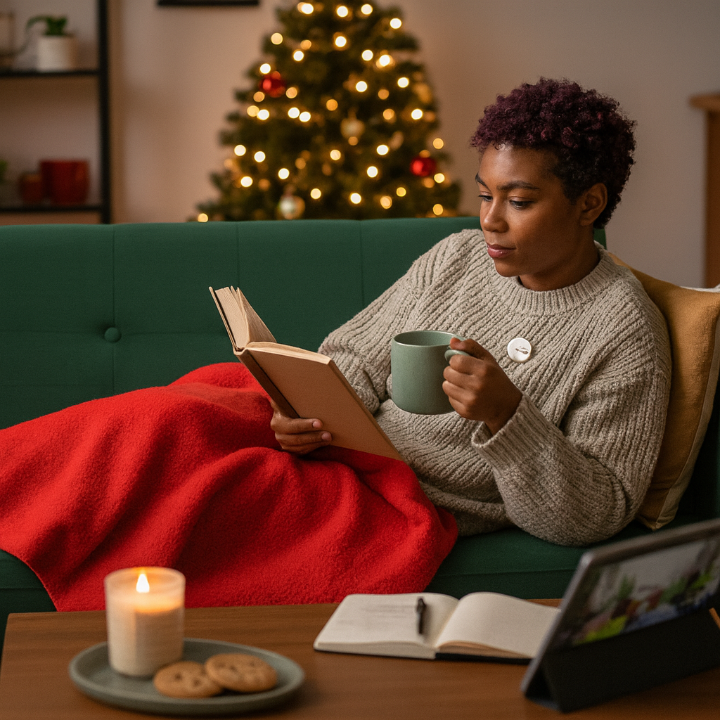Holiday emotional burnout image showing a queer person resting with a red blanket, illustrating seasonal mental health stress and self-care.