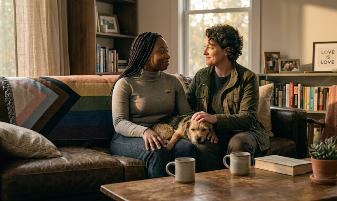 Two people appearing emotionally safe and comfortable together in a calm relationship, representing emotional safety, trust, and secure connection