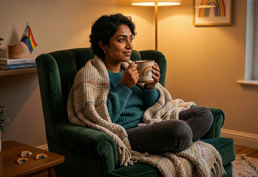 Person resting alone in a calm space after socializing, representing emotional recovery and the need for rest after social interaction
