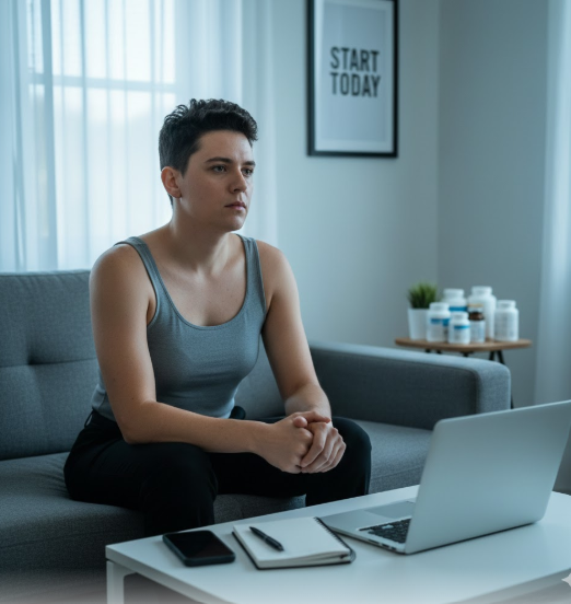 A queer adult seated on a couch during a virtual therapy session, appearing thoughtful and emotionally focused, representing healing fatigue and the effort of ongoing self-reflection.