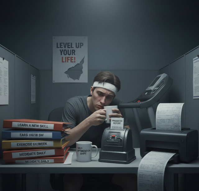 Conceptual art representing 'self-improvement burnout.' A tired individual treats personal growth activities like a corporate chore, highlighting the thin line between healthy habits and the overwhelming pressure of the 'optimization' culture.