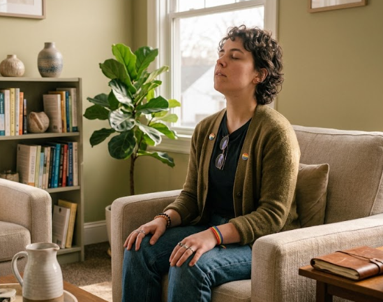 LGBTQIA+ adult learning nervous system regulation during therapy.