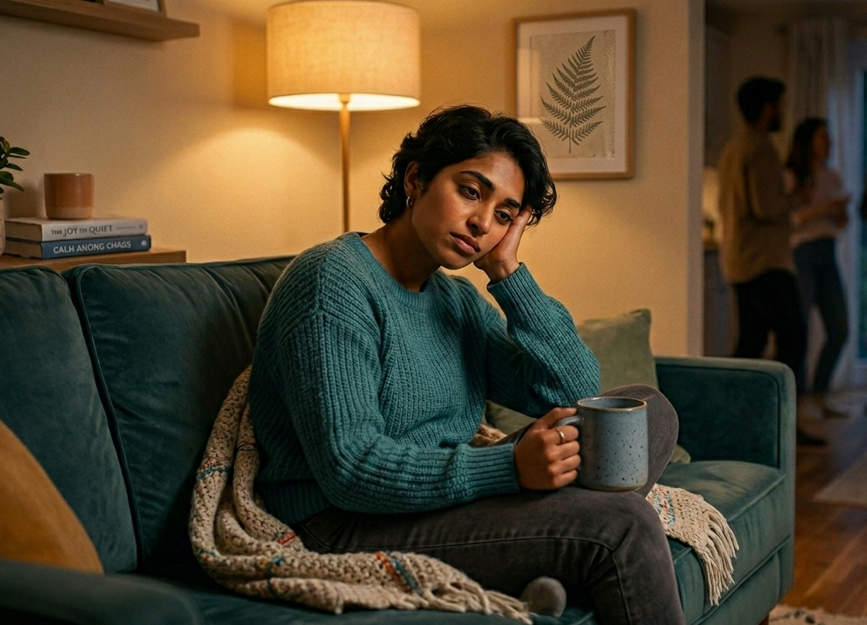 Person sitting alone on a couch looking drained after socializing, with blurred people in the background, representing social exhaustion, masking, and nervous system fatigue