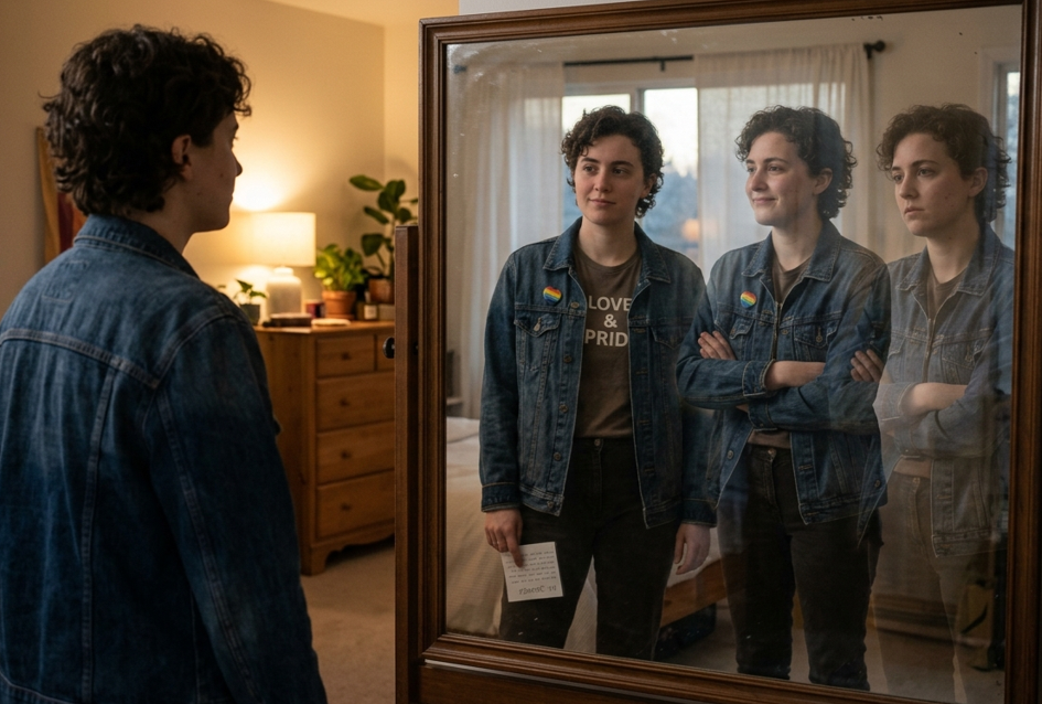 Person looking in a mirror with layered reflections showing different versions of themselves, representing masking and code-switching in social environments