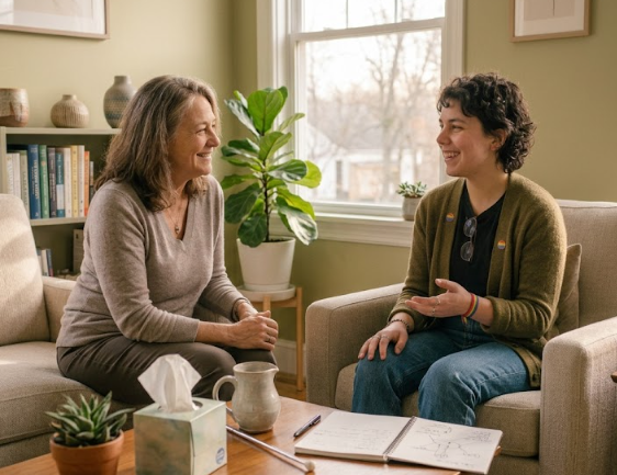 Therapist and LGBTQIA+ client discussing therapy options together.