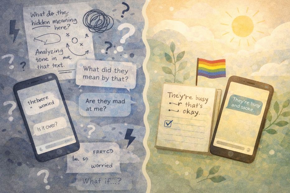 Visual contrast between anxious overanalysis and calm intuitive awareness in relationships