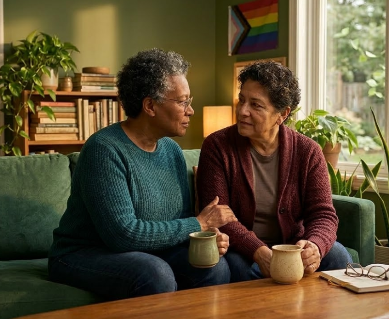 Two adults having a thoughtful conversation about relationship anxiety