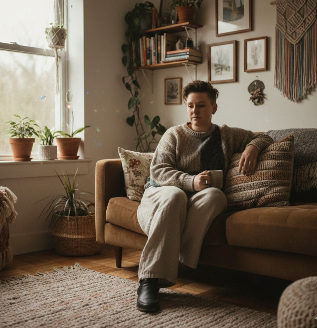 LGBTQIA+ adult sitting thoughtfully on a couch reflecting on anxiety and setting boundaries in relationships.