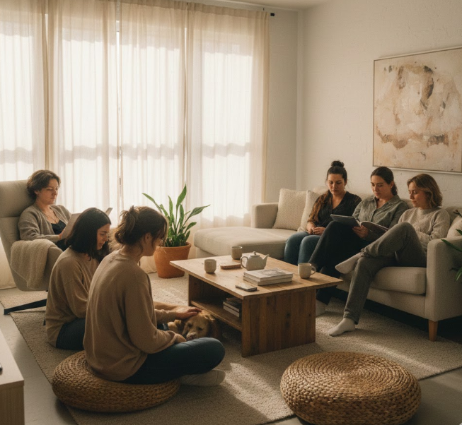 A small group of people sharing space in a quiet setting with natural light and a connective atmosphere.