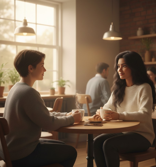 Two people seated across from each other at a café table, holding warm drinks and sharing a calm, supportive conversation, representing gentle connection and emotional ease.