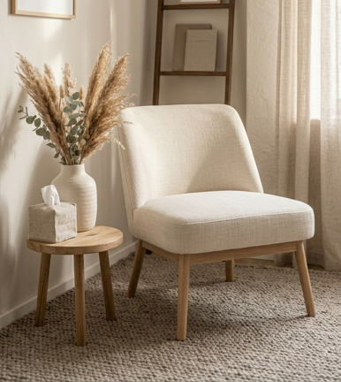 Neutral-toned therapy chair in a calm, softly lit room with warm textures, creating a safe and inviting space.