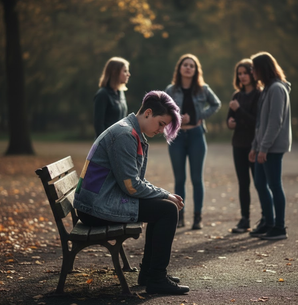 A person sitting alone on a park bench looking down, while a small group of people stands and talks together in the background.