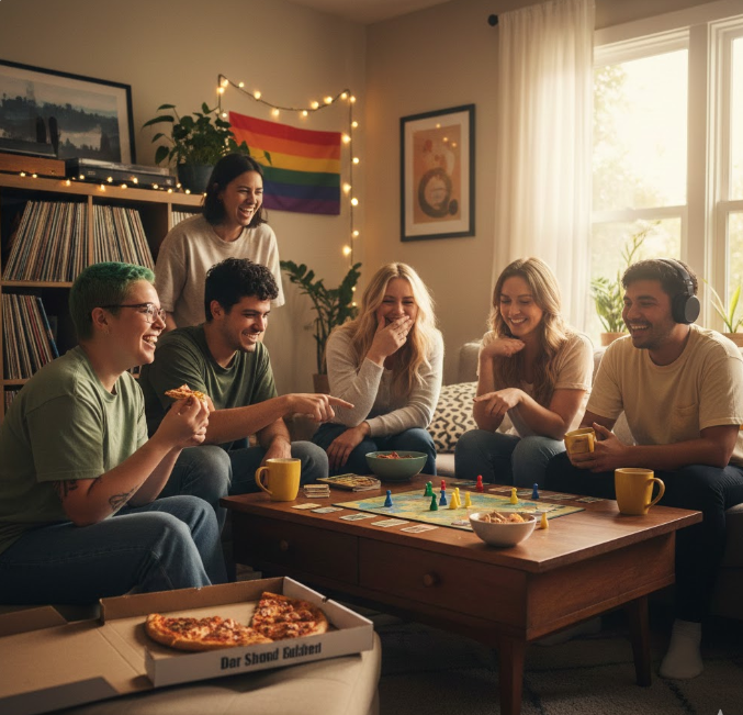 A group of queer and trans friends laughing and playing board games together in a cozy living room with holiday lights and a pride flag in the background.