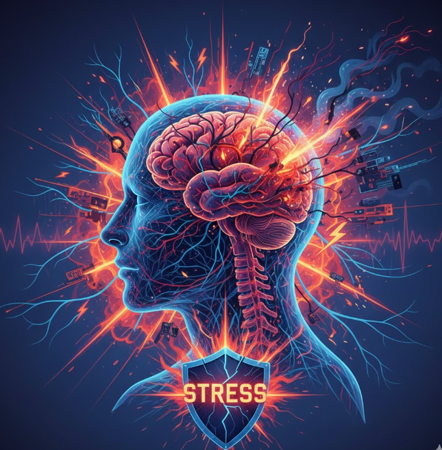 Visual representation of the central nervous system under severe stress, with intense orange-red energy radiating from the brain and spinal cord, illustrating neurological exhaustion and burnout.