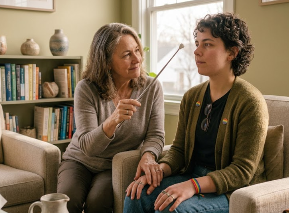 Therapist using Brainspotting to support an LGBTQIA+ adult experiencing relationship anxiety.