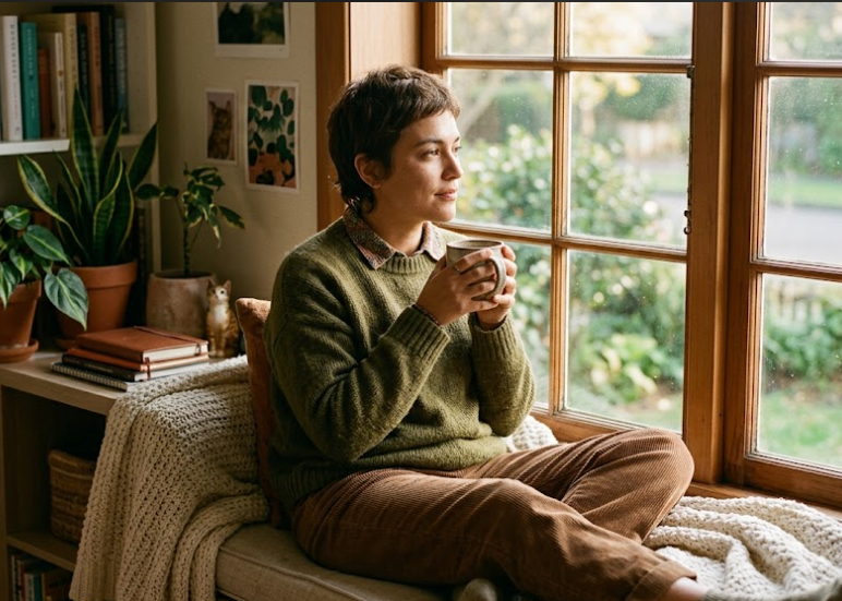 LGBTQIA+ adult sitting by a window reflecting on relationship anxiety and nervous system healing.