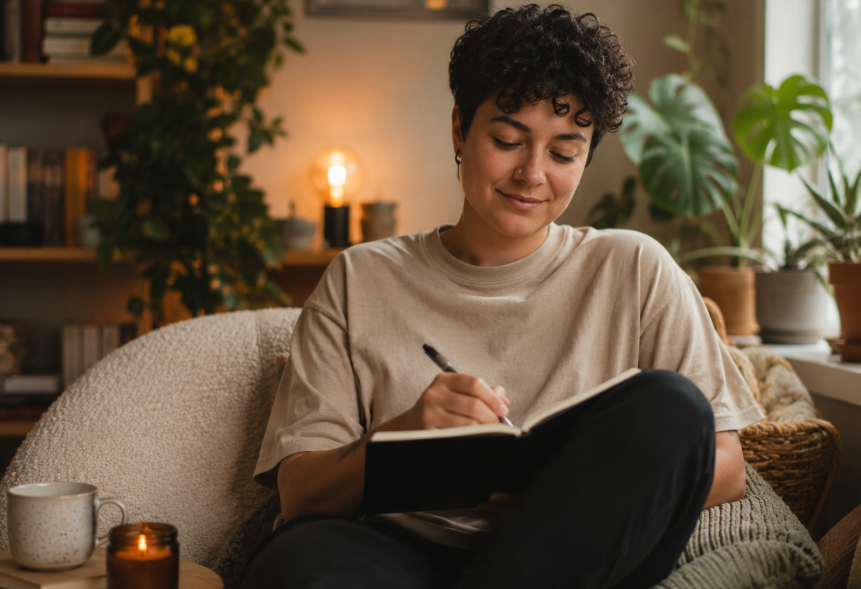 LGBTQIA+ adult journaling to distinguish healthy reflection from rumination after conversations.
