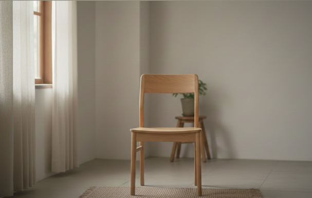An empty chair in a minimally furnished room with natural light coming through a window.