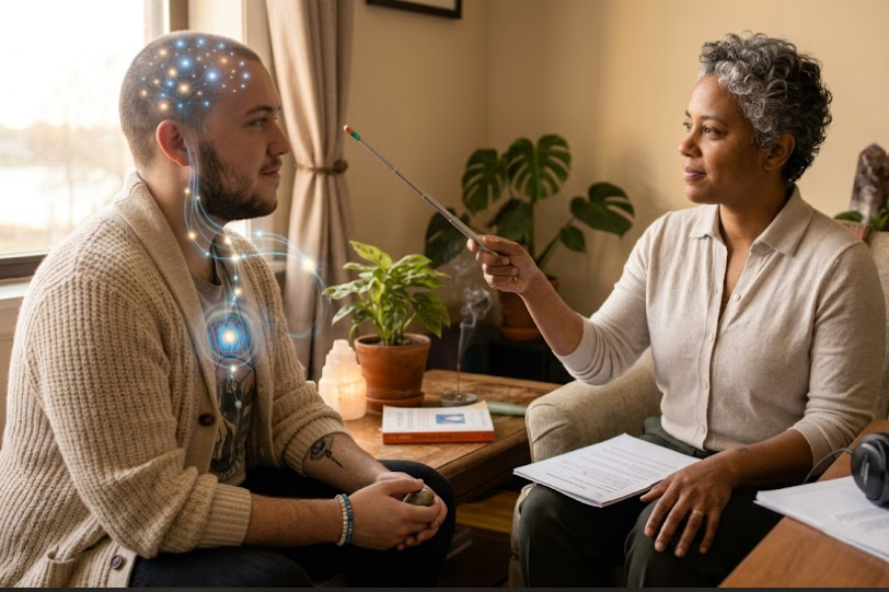 Therapist using Brainspotting to help an LGBTQIA+ client process relationship anxiety and emotional patterns