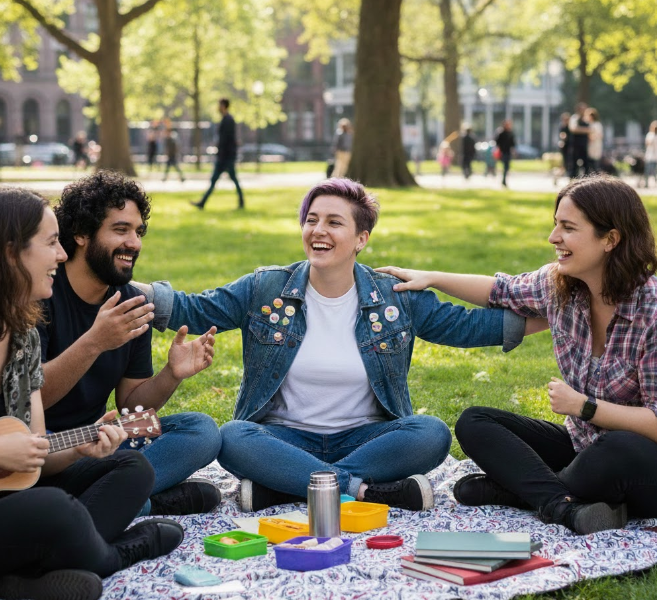 A group of people sitting together on a blanket in a park, smiling and talking with one another.