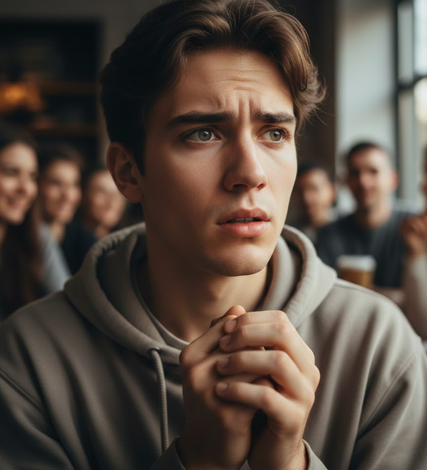 A young man with a worried expression sitting in a crowded cafe, clasping his hands together and looking anxiously toward a group of people in the blurred background.
