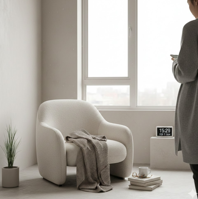 A quiet interior space with a chair near a window and soft natural light, creating a paused and unfinished atmosphere.