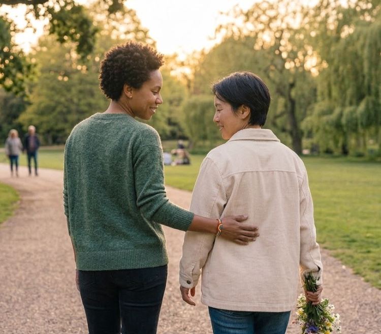 Two adults walking together representing secure and supportive relationships