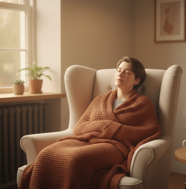 A queer adult resting in a comfortable armchair, wrapped in a warm blanket near a window, eyes closed and appearing calm but tired, representing nervous system rest and healing fatigue.