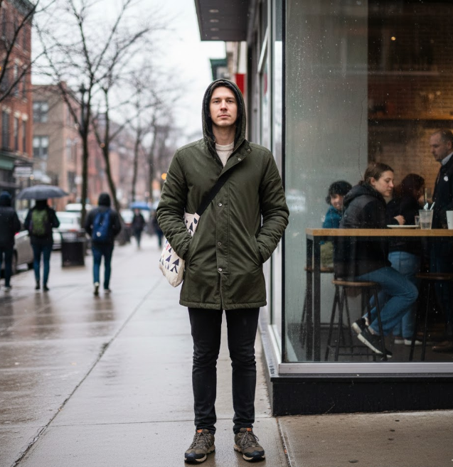 A person standing still in an everyday setting with a neutral posture and steady atmosphere.