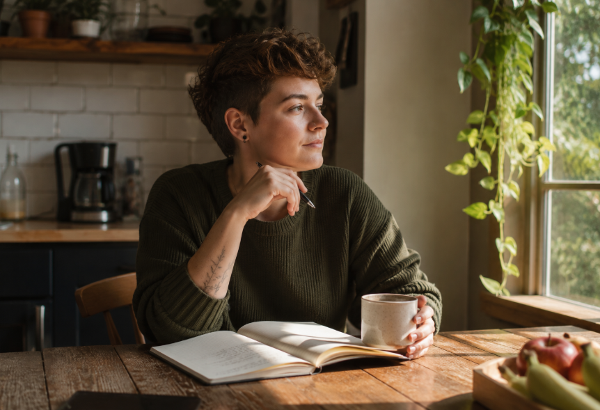 LGBTQIA+ adult reflecting after a conversation while learning why people replay conversations in their head.