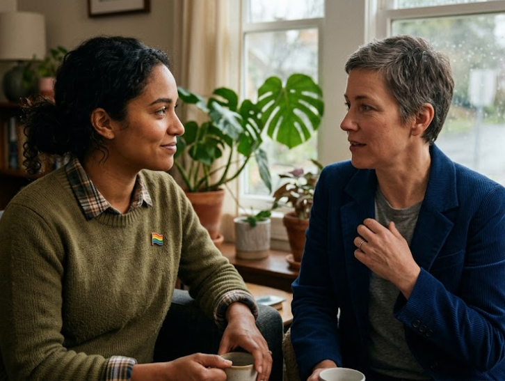 Two people communicating respectfully during a difficult conversation in a healthy relationship