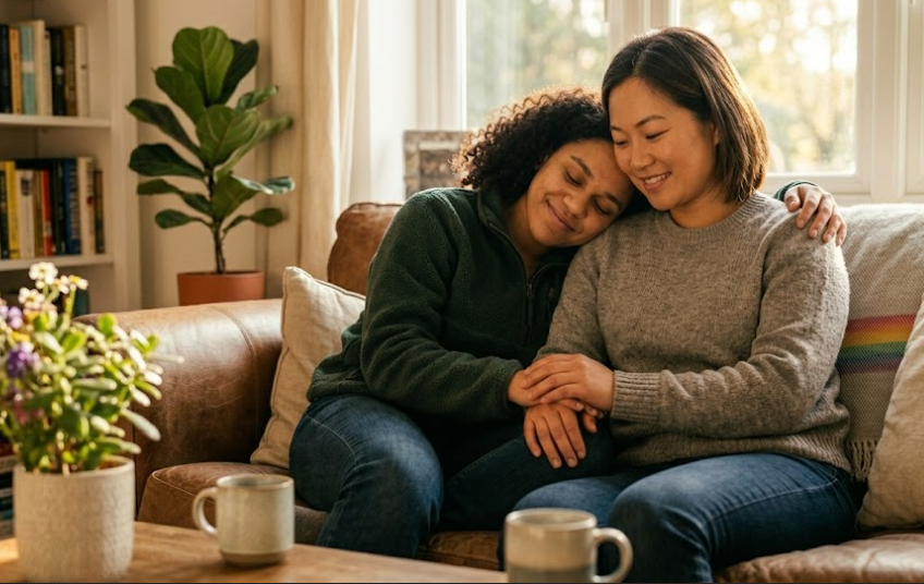 Two people experiencing calm and secure connection in a healthy relationship
