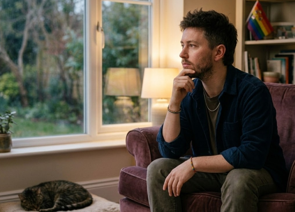 LGBTQIA+ adult reflecting on identity, belonging, and emotional safety