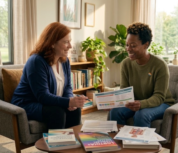 Therapist discussing Brainspotting and therapy options with an LGBTQIA+ adult.