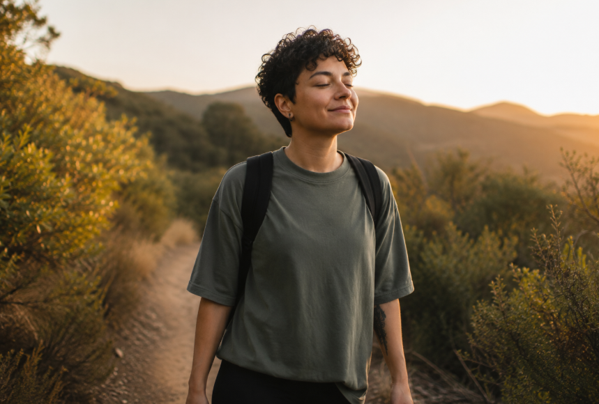 LGBTQIA+ adult practicing mindfulness to stop overthinking conversations and reduce anxiety.