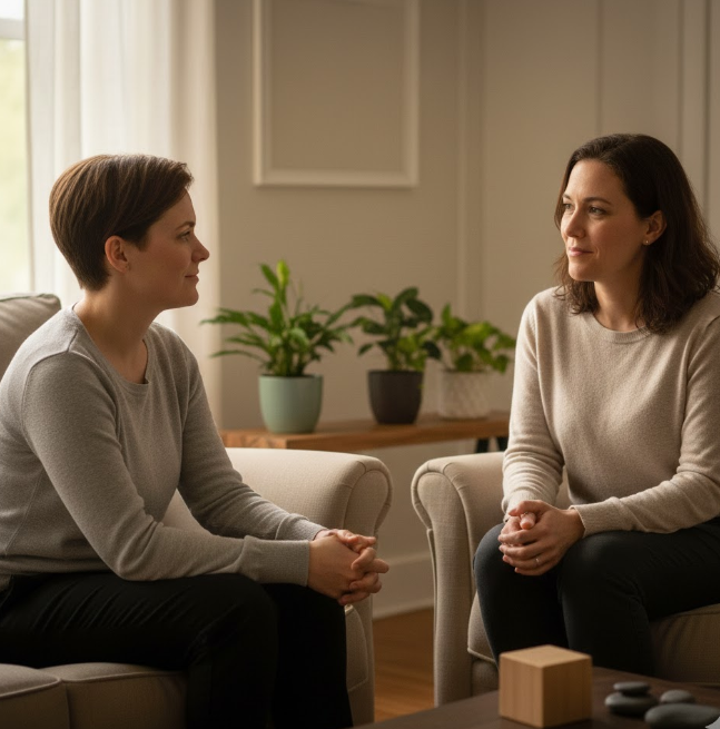 A therapist and client seated across from each other in a calm, professional therapy setting, illustrating affirming mental health support and relational nervous system regulation.
