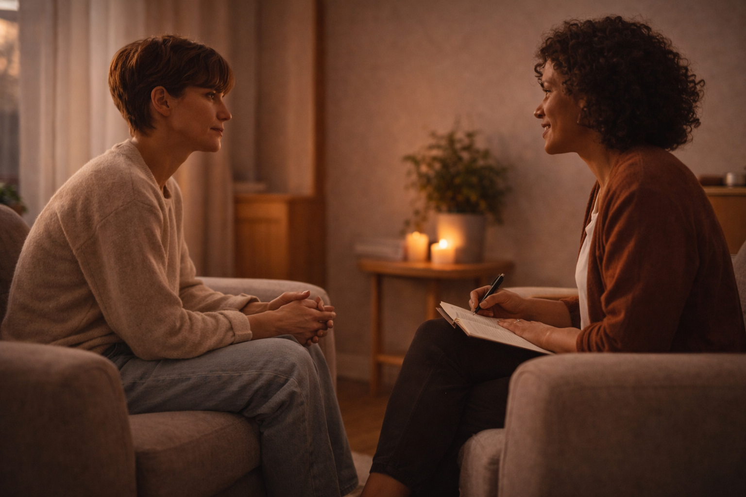 Two adults sitting across from each other in a softly lit room, engaged in a calm, attentive conversation that conveys safety, presence, and relational support.