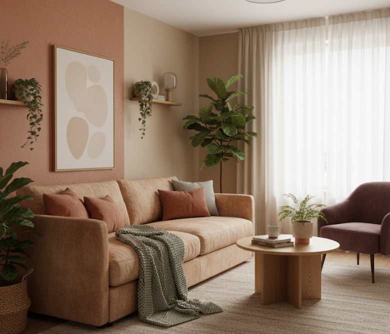 A cozy living room with a beige sofa, pink and gray cushions, a knitted throw blanket, and a round wooden coffee table with a potted plant, books, and a coffee mug, surrounded by houseplants and sheer curtains.