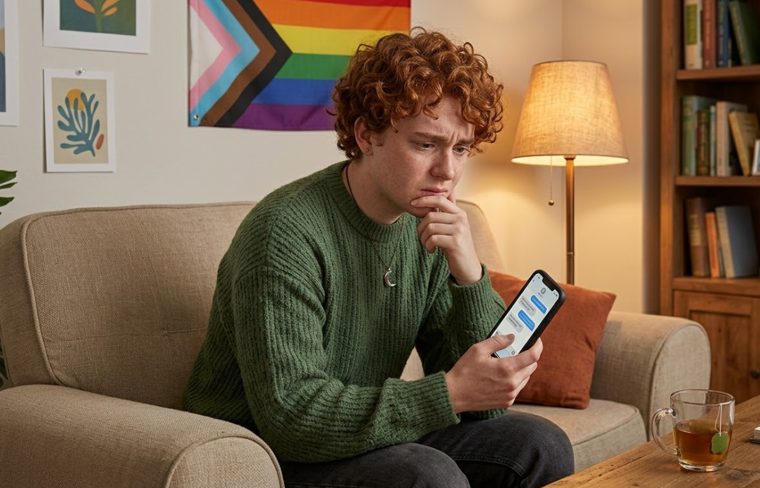 Person experiencing anxiety while seeking reassurance through phone communication in a relationship