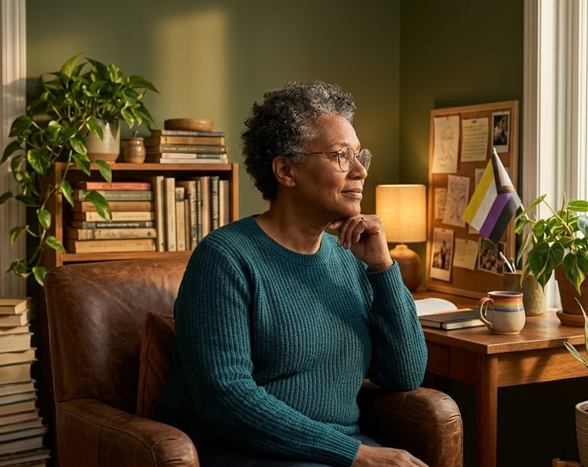 LGBTQIA+ adult reflecting on belonging and emotional safety in relationships