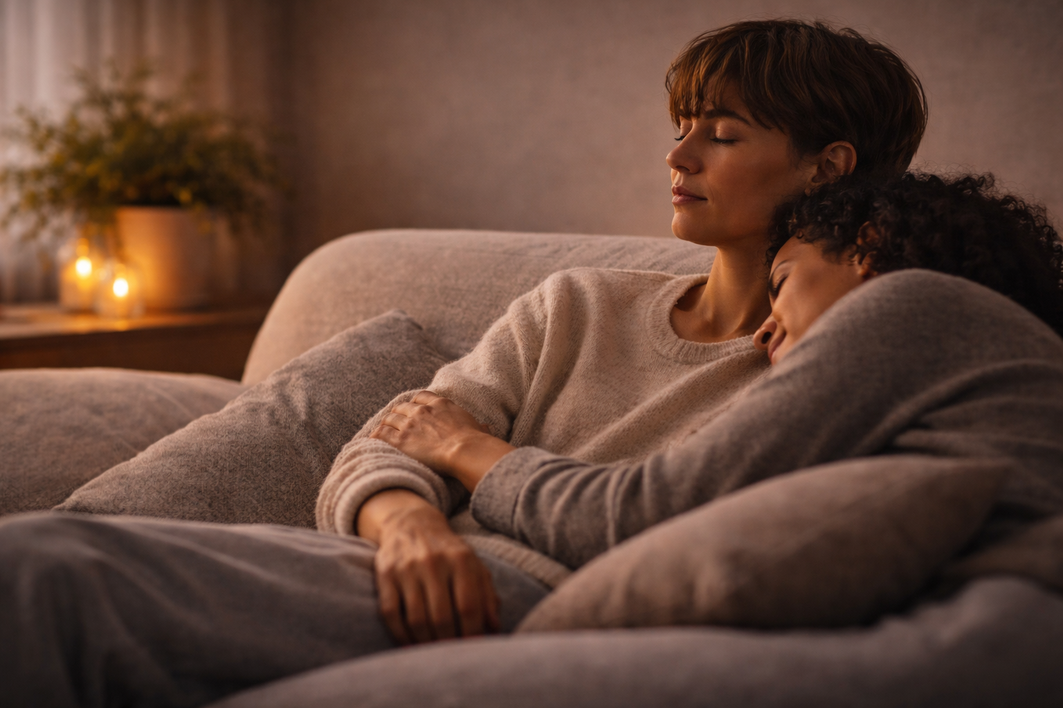 Two people resting together on a couch in warm evening light, one leaning gently against the other, illustrating supported and present rest rather than isolation or collapse.