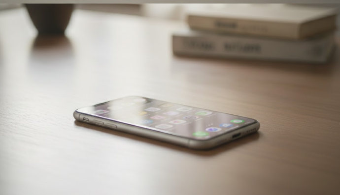 A smartphone resting on a table with blurred notifications visible on the screen.