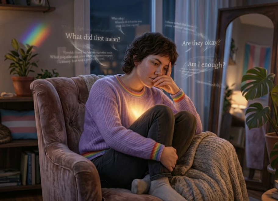 Person overwhelmed by anxious relationship thoughts while trying to reconnect with self trust and emotional clarity
