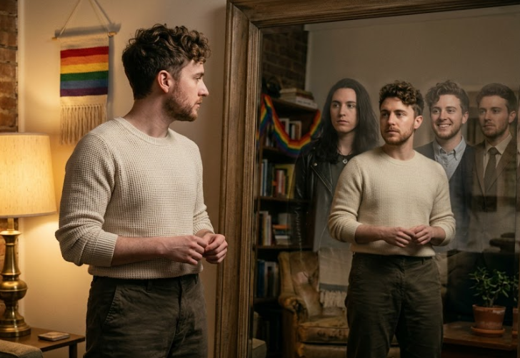 LGBTQIA+ adult reflecting on authenticity and self-expression while overcoming fear of rejection