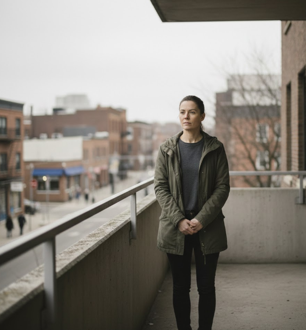 A person paused in a quiet outdoor space, standing or sitting with a neutral posture and a steady atmosphere.