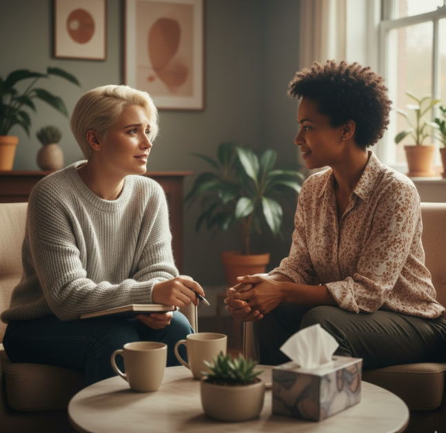 Two people sitting together in a warm, cozy living room having a supportive conversation, one holding a notebook as they talk.