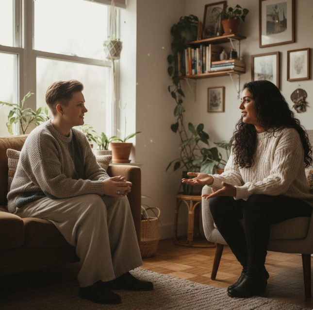 Two adults having a calm conversation about boundaries in a healthy LGBTQ relationship.