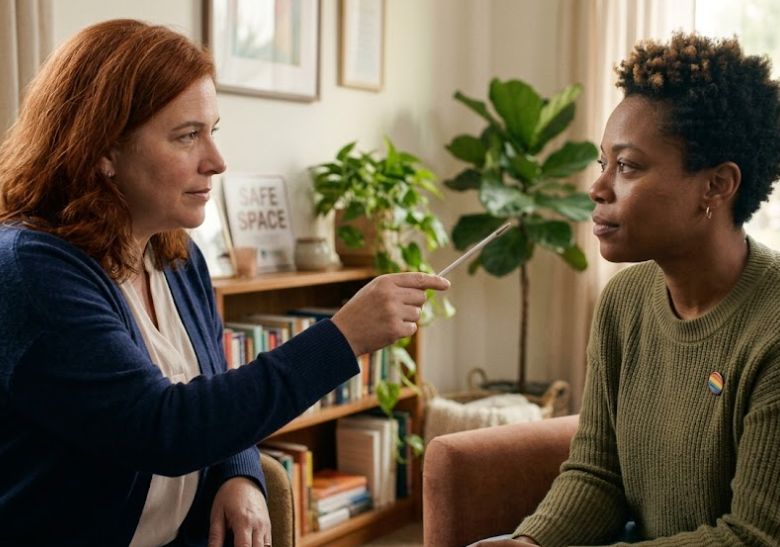 Therapist guiding a Brainspotting session in a comfortable therapy office.